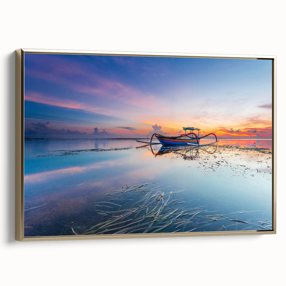 Framed canvas featuring a vintage-style Indonesian landscape painting in muted gold and black tones, ideal for bedroom decor.