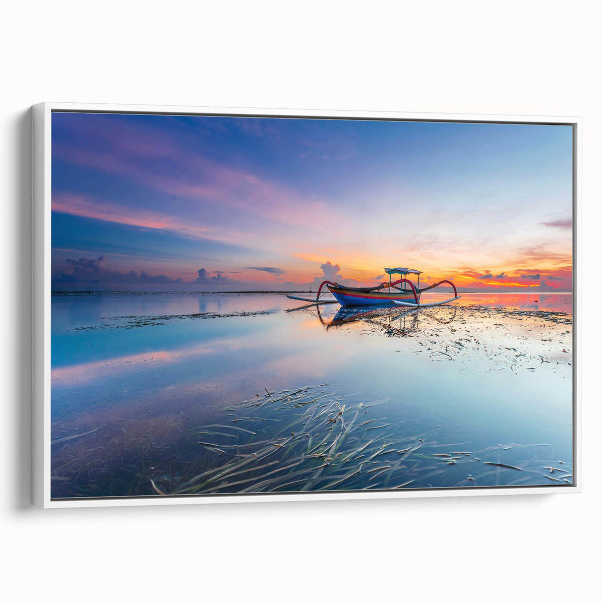 Vintage poster art of an Indonesian landscape on a white framed canvas, featuring vibrant colors.