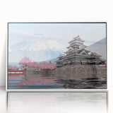 Art Deco poster of a Japanese scenery in muted gray and pastel colors on framed acrylic.