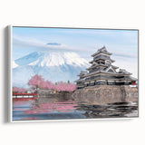 Vintage poster art featuring a colorful Japanese scenery on a framed canvas, ideal for living room decor.