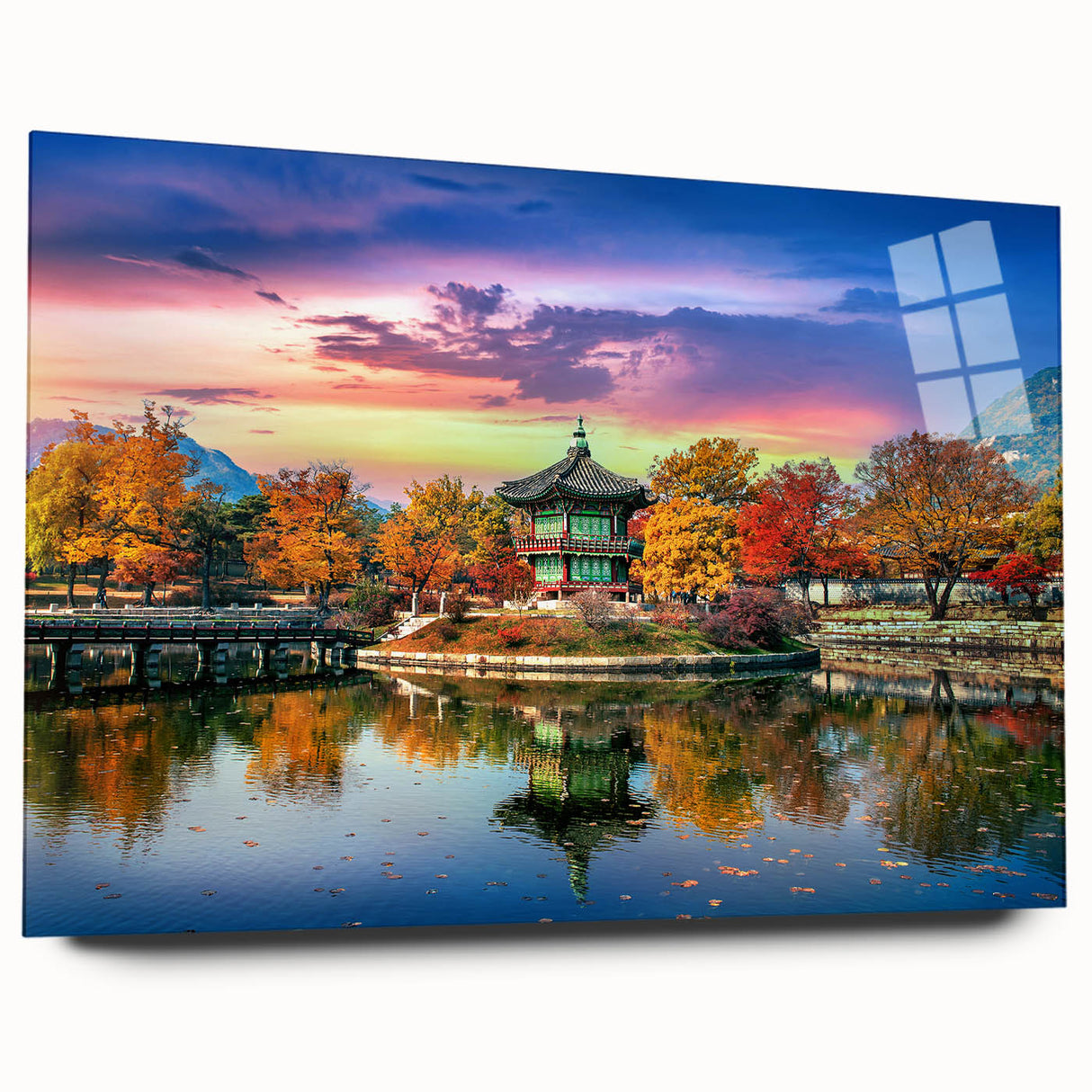 Large abstract wall art depicting a serene Korean landscape in muted earth tones on acrylic glass.