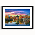 Extra large abstract art print featuring colorful, textured scenery of a Korean landscape, framed in black.