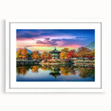 Abstract art print depicting a serene Korean landscape in muted green and blue tones, framed with a white mat.