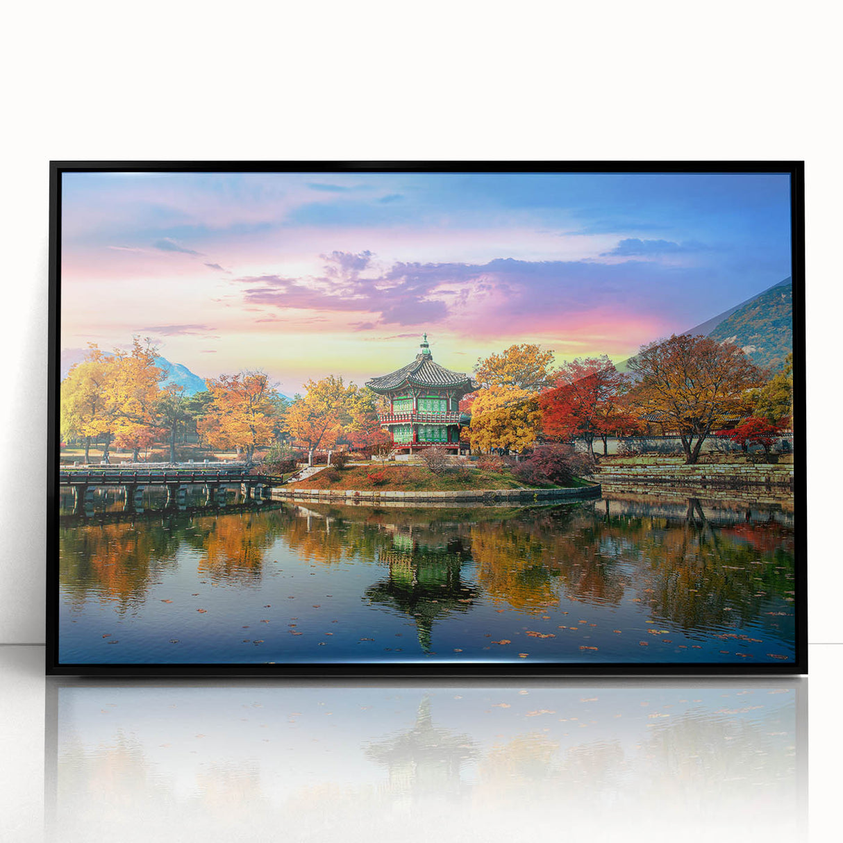 Large abstract wall art depicting a serene Korean landscape in muted earth tones, framed in black acrylic.