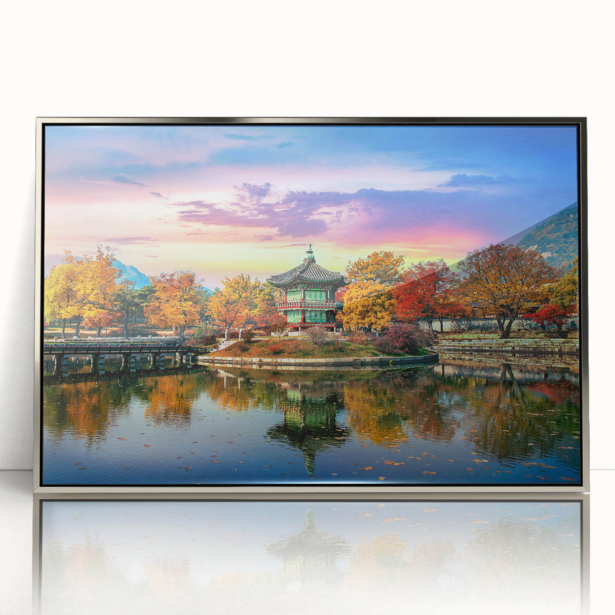 Mid-century modernist art depicting a serene Korean landscape in muted earth tones on a framed acrylic panel.