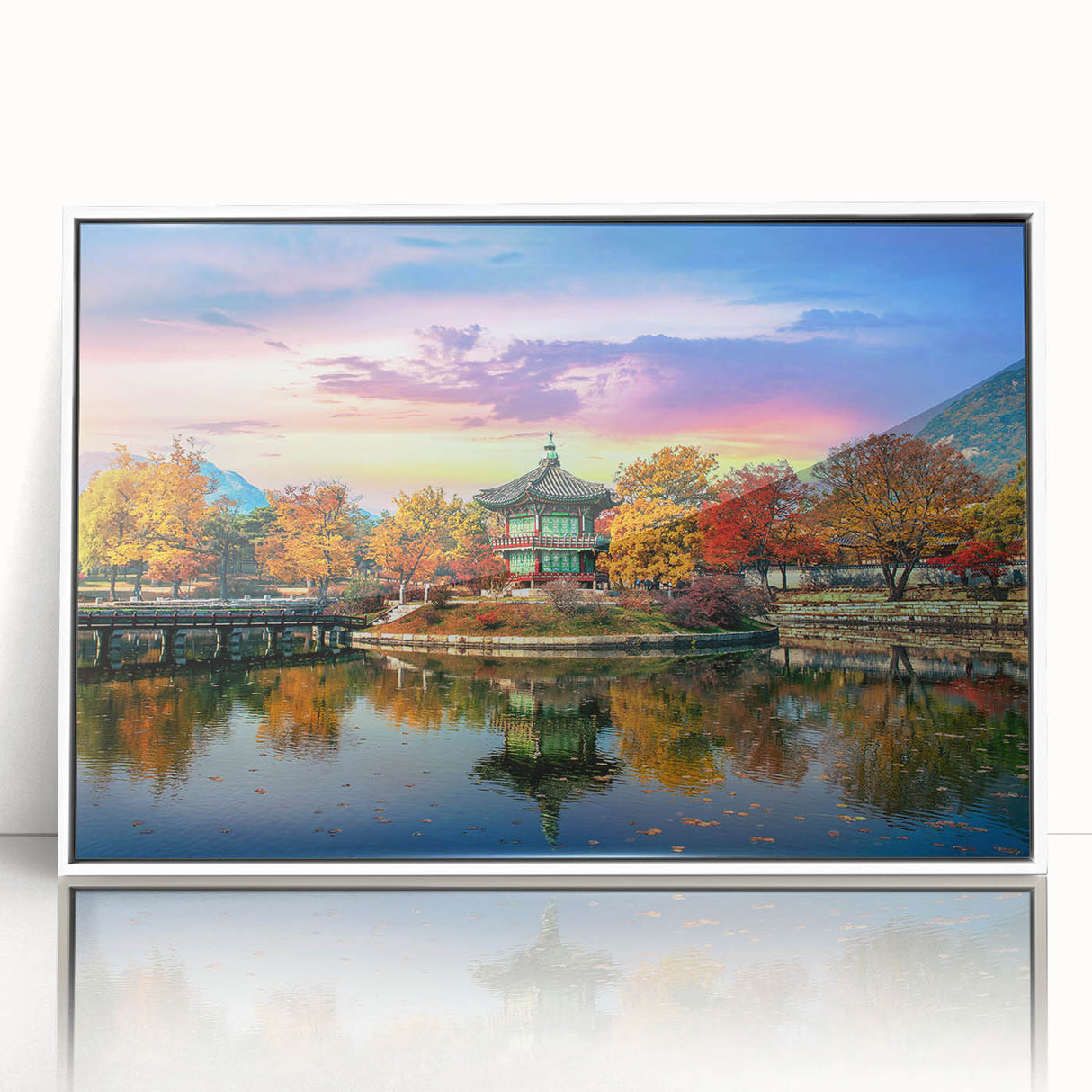 Acrylic print of a serene Korean landscape in muted green and blue tones, framed in white, suitable for modern nursery decor.