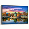 Black and white landscape art painting of a Korean scenery on framed canvas, suitable for bedroom wall art.