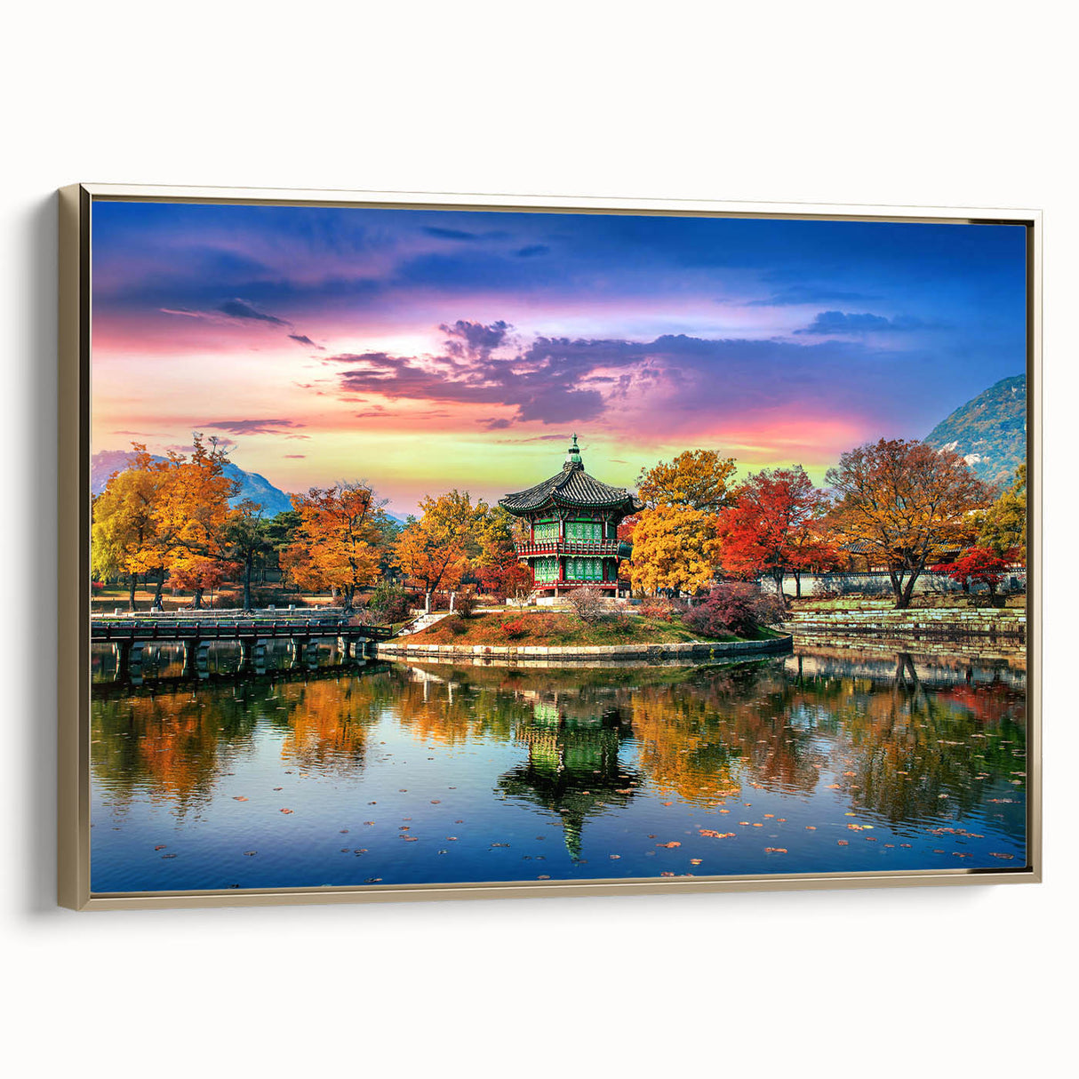 Framed canvas featuring a vintage-style Korean landscape in black and gold tones, suitable for bedroom decor.