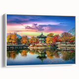Vintage poster art of a scenic Korean landscape on framed canvas, featuring colorful imagery against a black background.