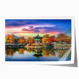 Extra large rolled print of a serene Korean landscape with soft floral elements in muted greens and blues.