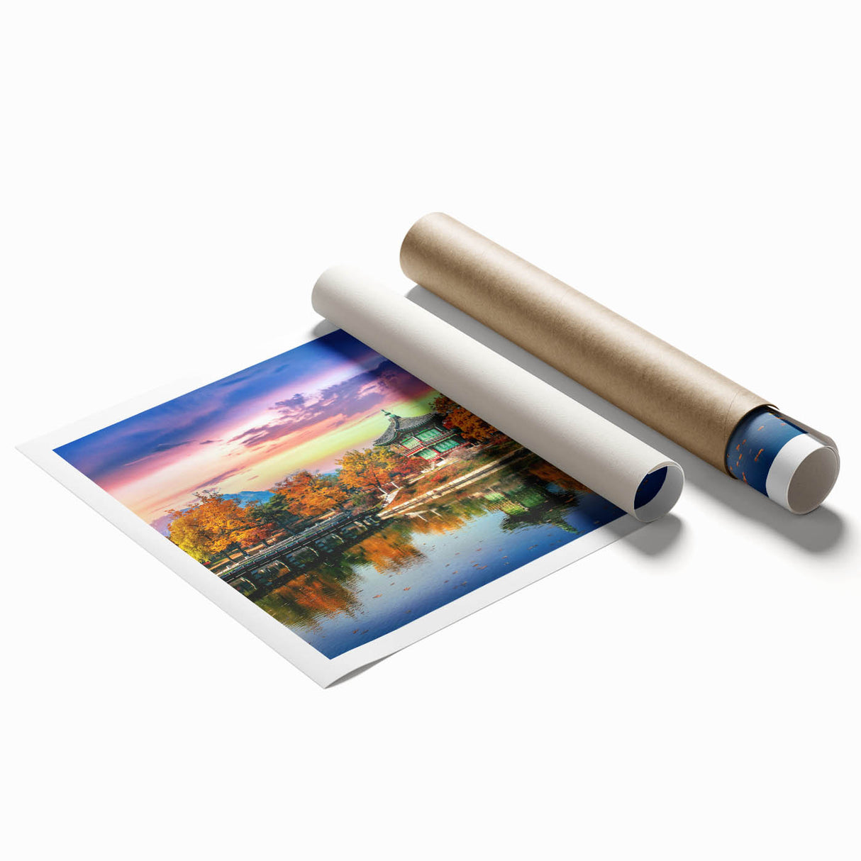 Extra large rolled print of a serene Korean landscape in muted greens and blues, ideal for classy bathroom wall art.