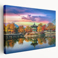 Side view of a stretched canvas featuring a serene Korean landscape in muted green and blue tones.