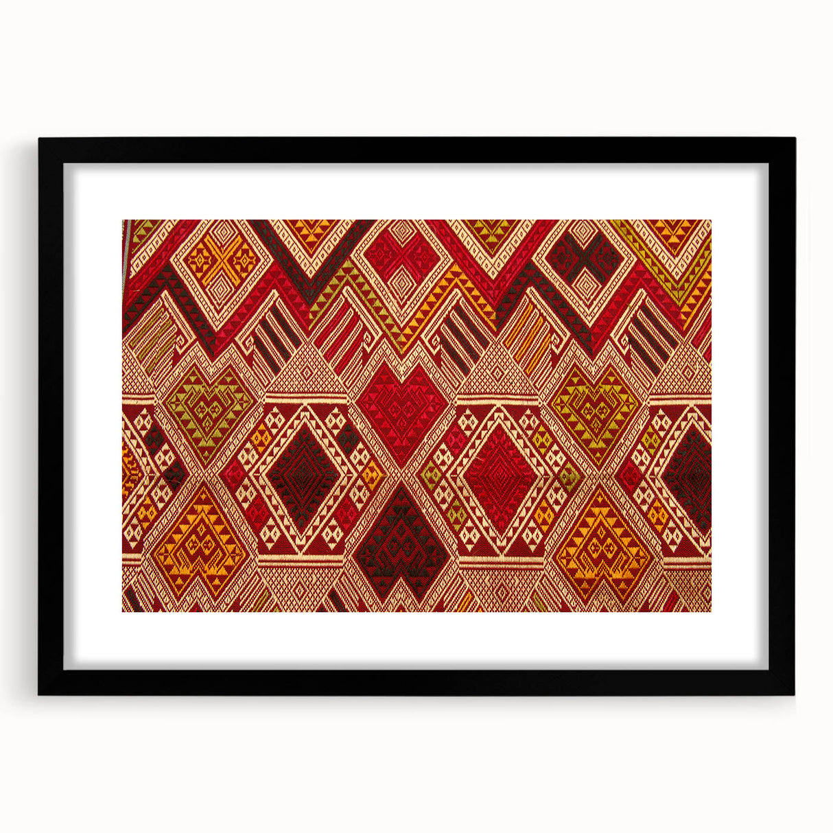 Extra large abstract art print of a colorful, textured Asian landscape on a black framed canvas, ideal for living room decor.