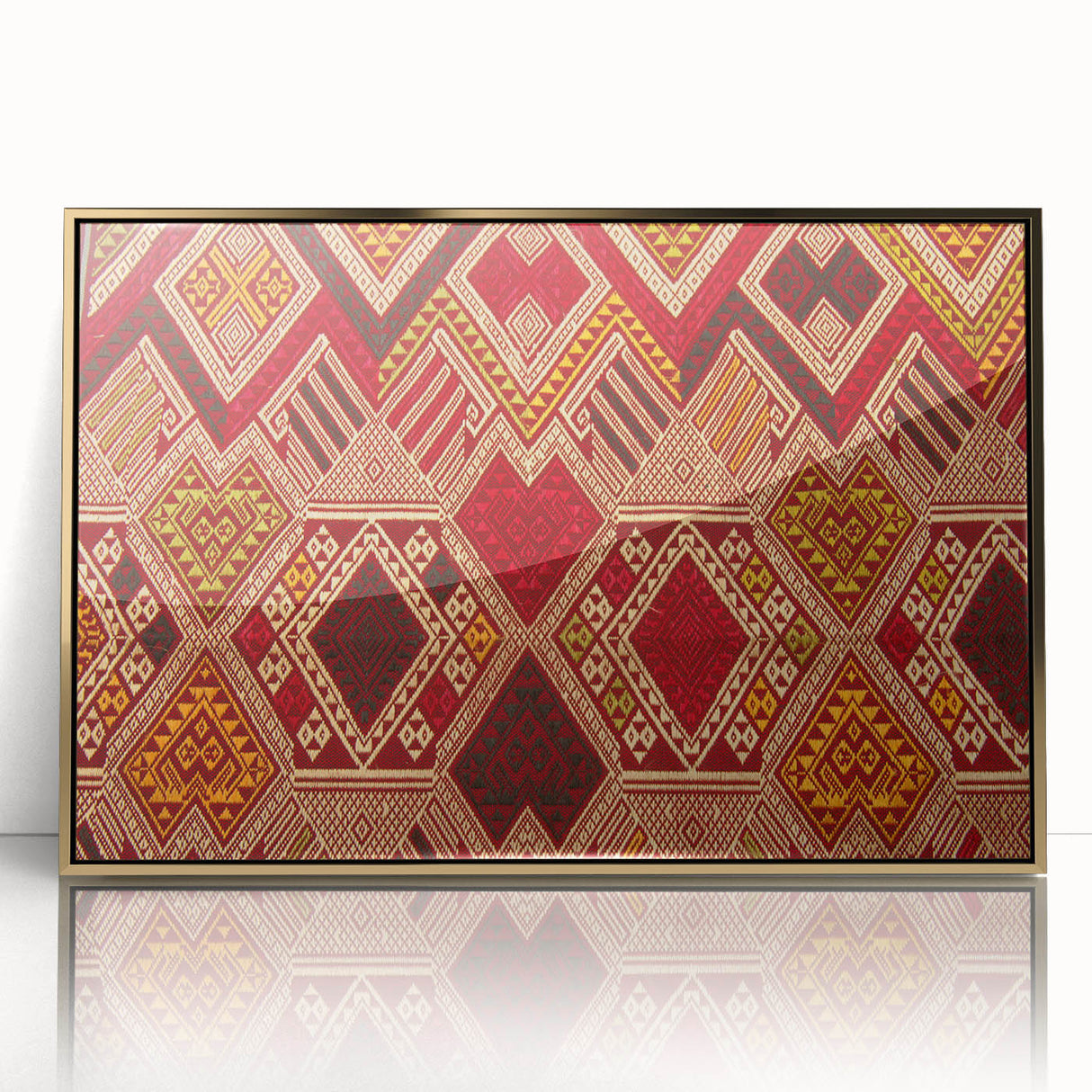 Mid-century modernist acrylic print of a Laos scenery in vivid gold tones, ideal for modern art wall decor.
