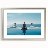 Textured abstract art print of Maldives scenery in silver frame, with muted blue and green tones, ideal for bedroom art.