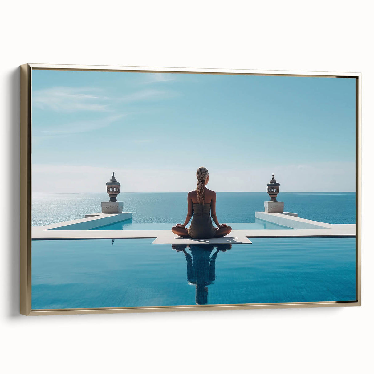 Framed canvas featuring a serene Maldivian landscape in muted blues and greens, ideal for bedroom wall art.