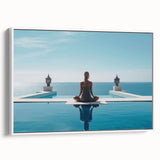 Framed canvas of a vintage poster art depicting a scenic Maldivian beach with vibrant blue and green tones.