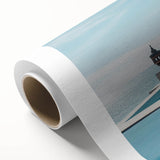 Art deco poster of a serene Maldivian beach on a rolled canvas, featuring soft blue and white tones.