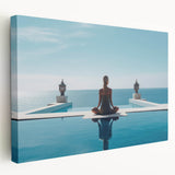 Large art depicting serene Maldives scenery in vibrant blue and green tones on stretched canvas.