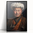 Large abstract wall art depicting a Mongolian landscape in muted earth tones, framed in black acrylic.