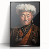 Large abstract wall art depicting a Mongolian landscape in muted earth tones, framed in black acrylic.