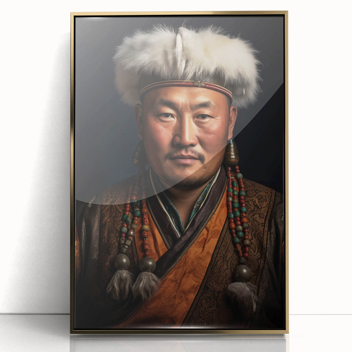 Large art print of a Mongolian landscape in muted earth tones on framed acrylic, suitable for modern art wall decor.