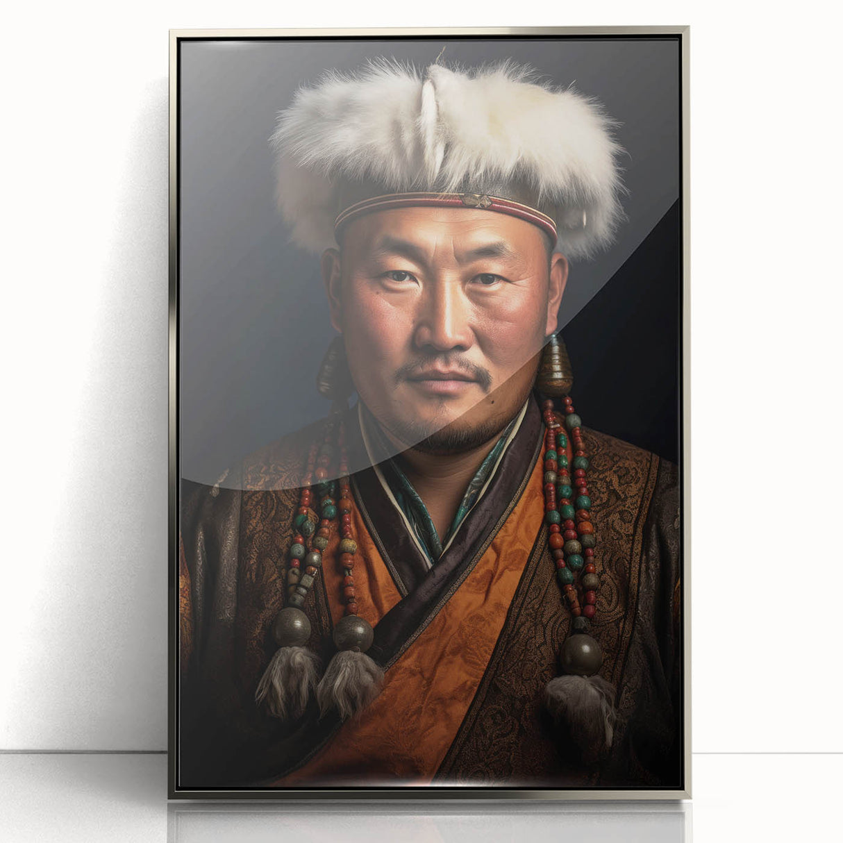 Mid-century modernist art depicting a Mongolian landscape on a silver-framed acrylic print, ideal for modern art wall decor.