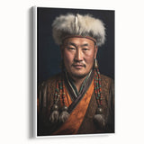 Vintage poster art of a Mongolian landscape on a framed canvas, featuring vibrant, colorful art with a black border.