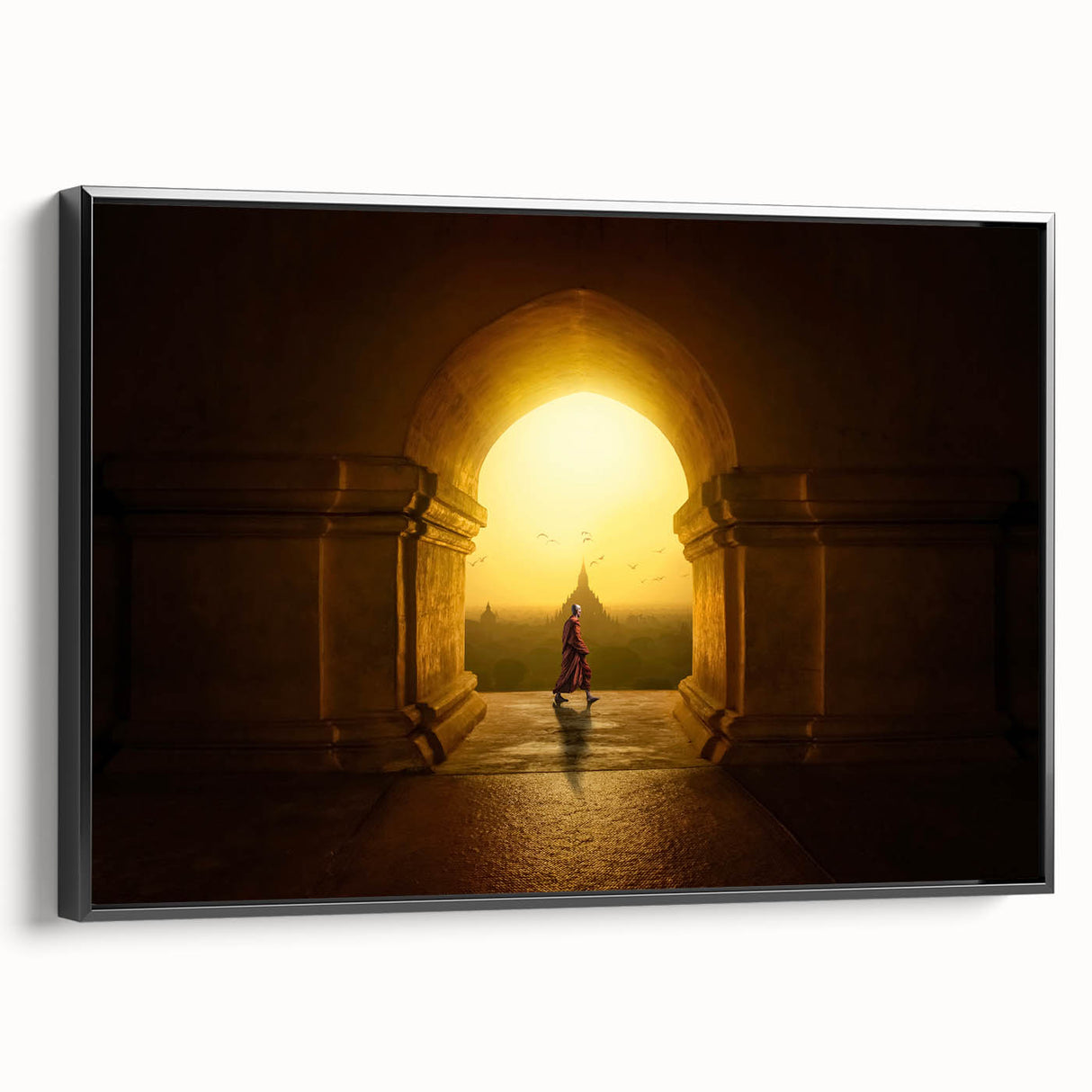 Black and white framed canvas of a Myanmar landscape, featuring vintage poster art style, ideal for bedroom wall decor.