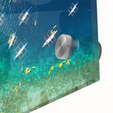 Large abstract wall art featuring a mid-century modernist style Philippine scenery in muted earth tones on acrylic glass.