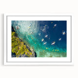 Abstract art print of a Philippine landscape in muted greens and blues on a framed white mat, ideal for dining room decor.