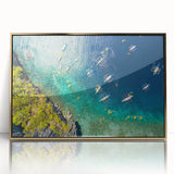 Large art print of Philippine scenery in mid-century modernist style on framed acrylic, with gold hues.