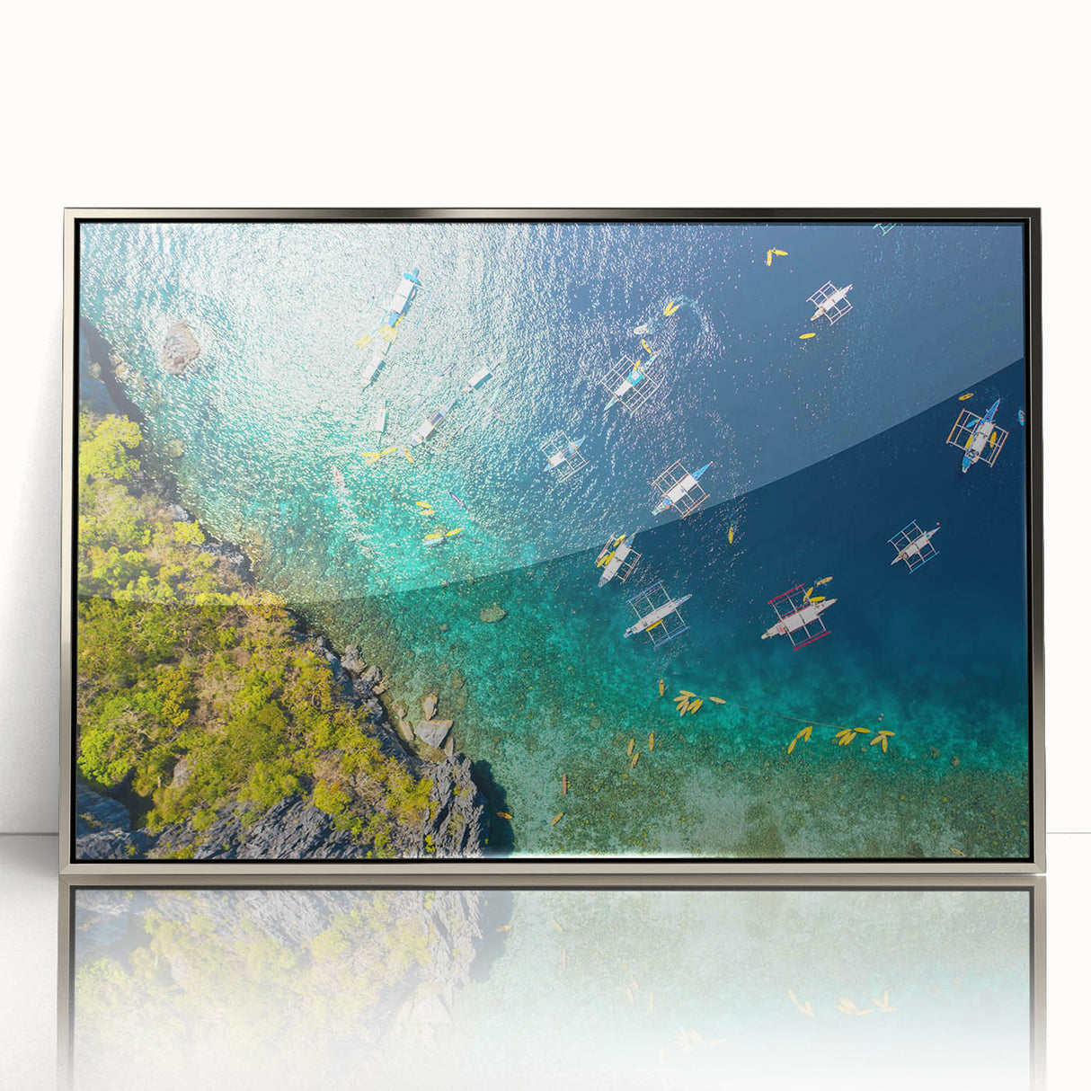 Mid-century modernist art depicting a serene Philippine landscape in muted earth tones, framed in silver acrylic.