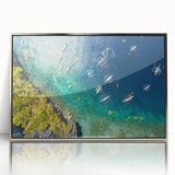 Mid-century modernist art depicting a serene Philippine landscape in muted earth tones, framed in silver acrylic.