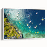 Vintage poster art of a Philippine scenery on extra large framed canvas, featuring vibrant colors against a black background.