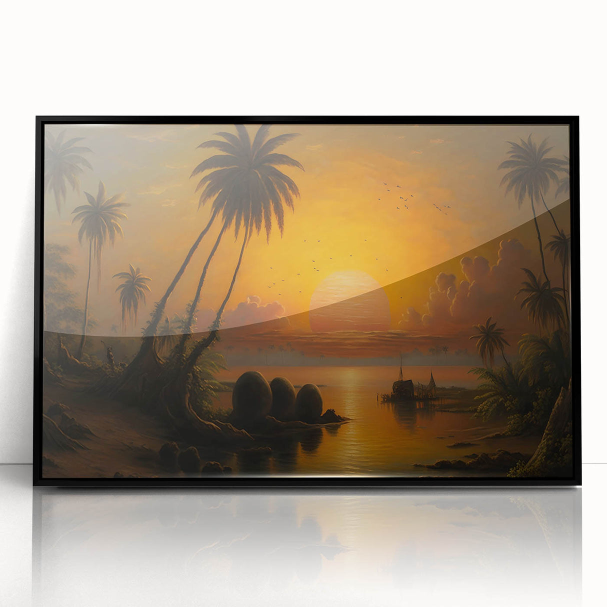 Large abstract wall art depicting a Sri Lankan landscape in muted earth tones, framed in black acrylic.