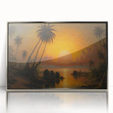 Mid-century modernist art depicting a serene Sri Lankan landscape in muted green and blue tones, framed in silver acrylic.