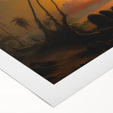 Art deco poster of Sri Lanka scenery in muted green and blue tones on rolled canvas, suitable for dining room wall art.