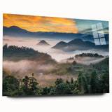 Large abstract wall art depicting a serene Taiwanese landscape in muted green and blue tones on acrylic glass.
