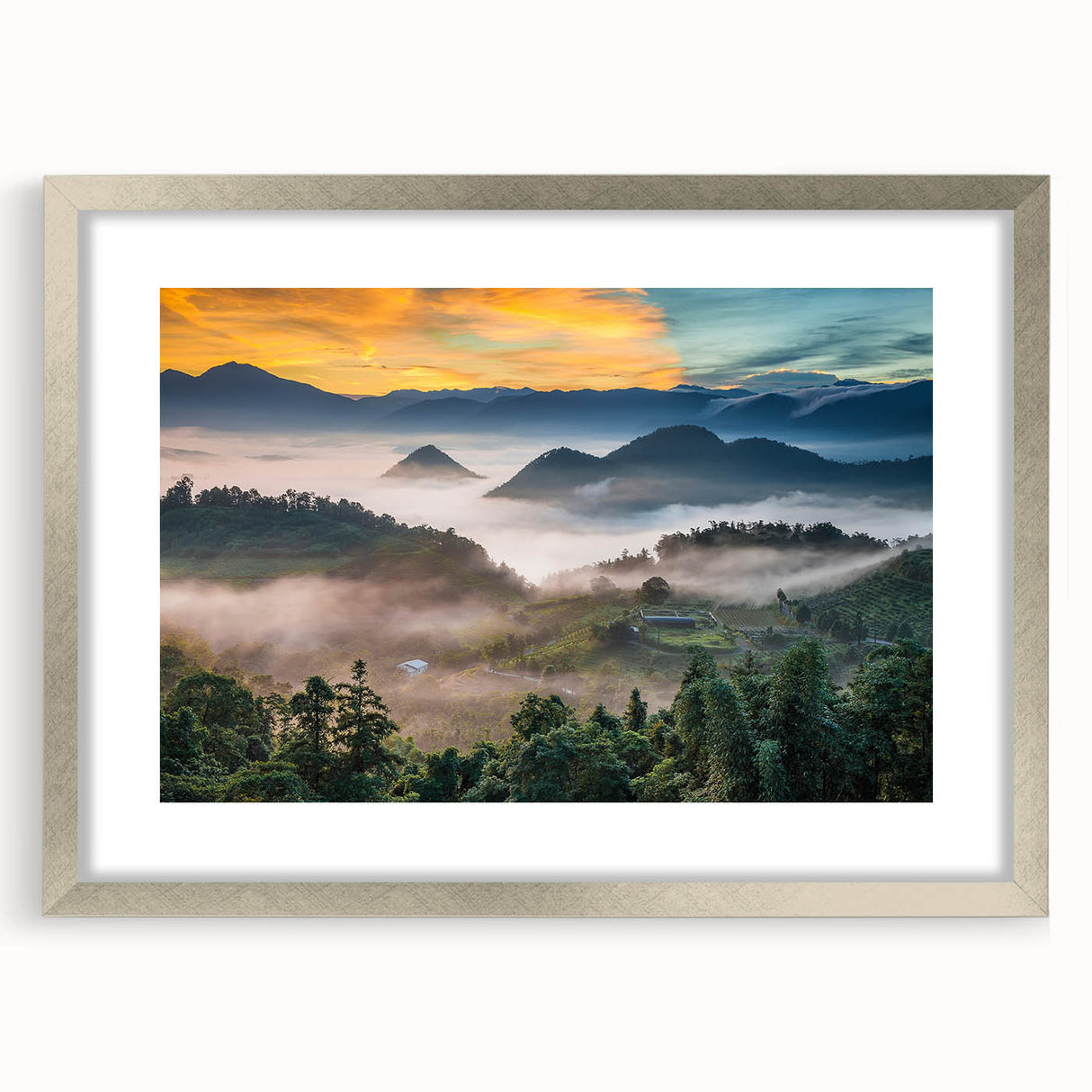 Textured art featuring abstract scenery of Taiwan in muted earth tones on a framed silver mat, ideal for bedroom art.