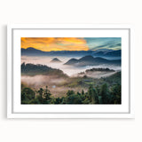 Abstract art print of a Taiwan scenery in muted earth tones, framed with a white mat, suitable for dining room decor.