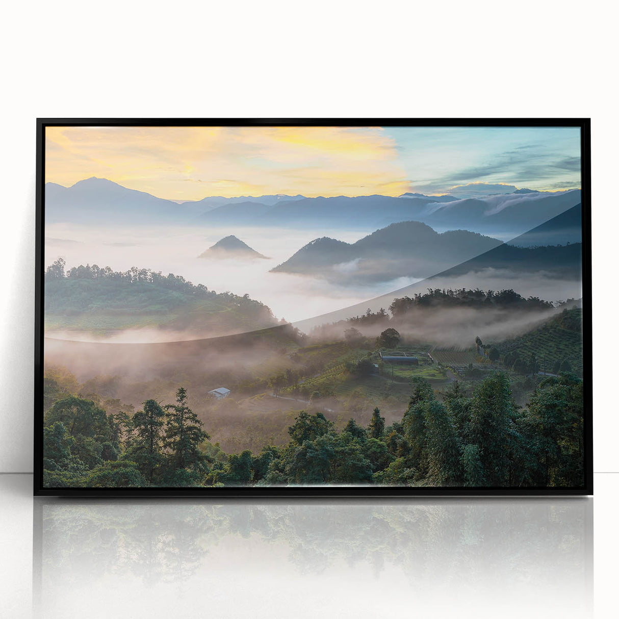 Large abstract wall art depicting a Taiwanese landscape in muted earth tones on framed acrylic.