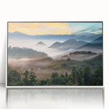 Art deco poster featuring a serene Taiwanese landscape in pastel shades, framed in white acrylic.