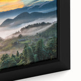 Extra large framed canvas of a black textured scenery with colorful accents, ideal for living room decor.