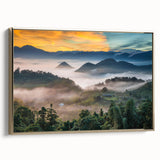 Framed canvas landscape painting of Taiwan scenery in muted gold and black, ideal for bedroom wall art.