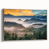 Framed canvas featuring a vintage-style landscape art painting of a Taiwan scenery in muted colors.