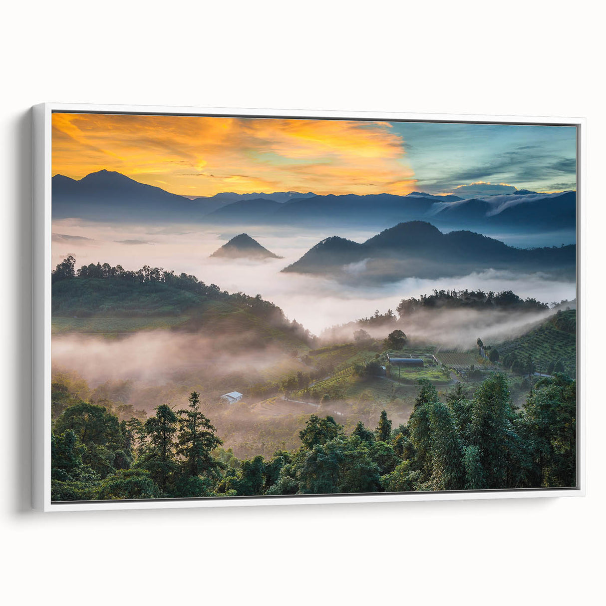 Vintage poster art of a Taiwanese landscape on extra large framed canvas.