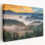 Landscape painting of Taiwan scenery on stretched canvas, featuring lush green tones, ideal for kitchen wall art.