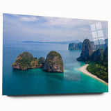 Large abstract wall art depicting a serene Thai landscape in muted green and blue tones, printed on acrylic glass.