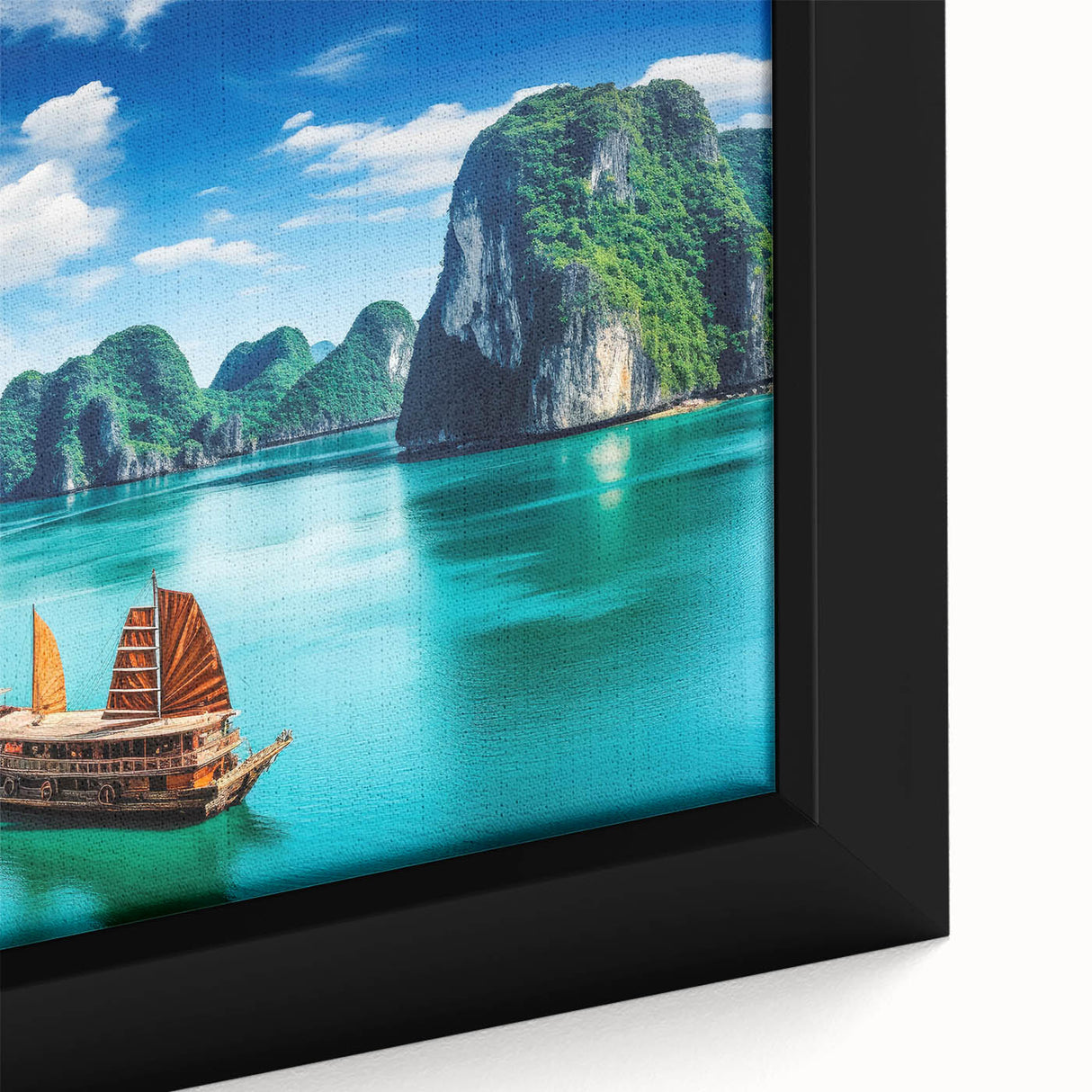 Extra large framed canvas featuring a textured, colorful Vietnamese landscape in black, ideal for living room decor.